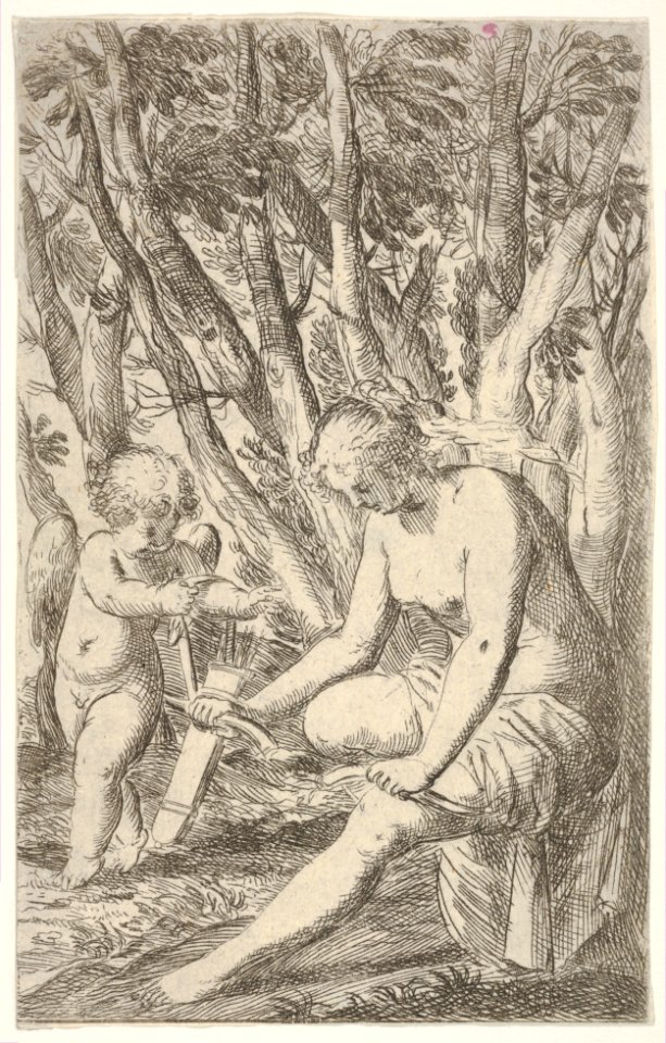 Venus breaking Cupid's bow over her knee with Cupid stretching both hands toward it, from the series 'Sport of Love' (Scherzi d'amore) MET DP833519