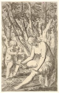 Venus breaking Cupid's bow over her knee with Cupid stretching both hands toward it, from the series 'Sport of Love' (Scherzi d'amore) MET DP833519