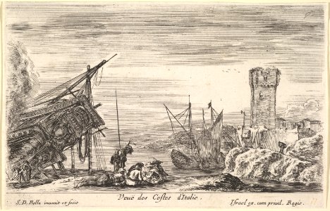 View of the coast of Italy (Veue des Costes d'Italie), the bow of a ship resting to left, a group of men playing cards in center, a tower in ruins to right in the background, from 'Views of seaports' (Vues de ports de mar) MET DP828057. Free illustration for personal and commercial use.