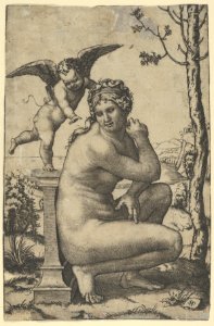 Venus crouching by a plinth on top of which stands Cupid MET DP853516