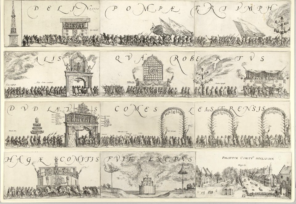 Intocht van Leicester te Den Haag, 1586 Delineatio pompae triumphalis qua Robertus Dudlaeus comes Leicestrensis Hage comitis fuit exceptus (titel op object), RP-P-OB-80.445