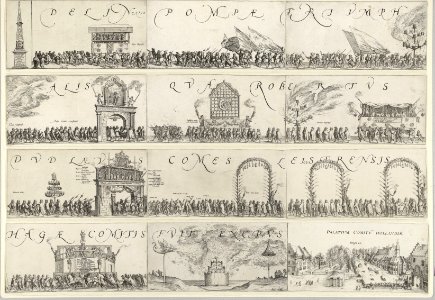Intocht van Leicester te Den Haag, 1586 Delineatio pompae triumphalis qua Robertus Dudlaeus comes Leicestrensis Hage comitis fuit exceptus (titel op object), RP-P-OB-80.445