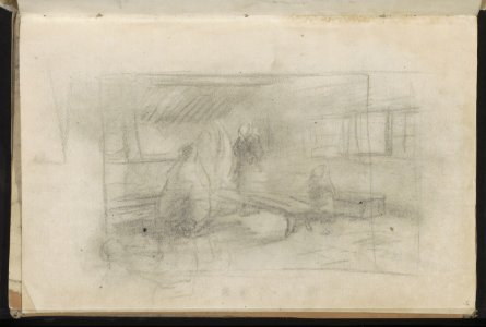 Interieur met drie figuren bij een spinnewiel, RP-T-1995-3-49(R)