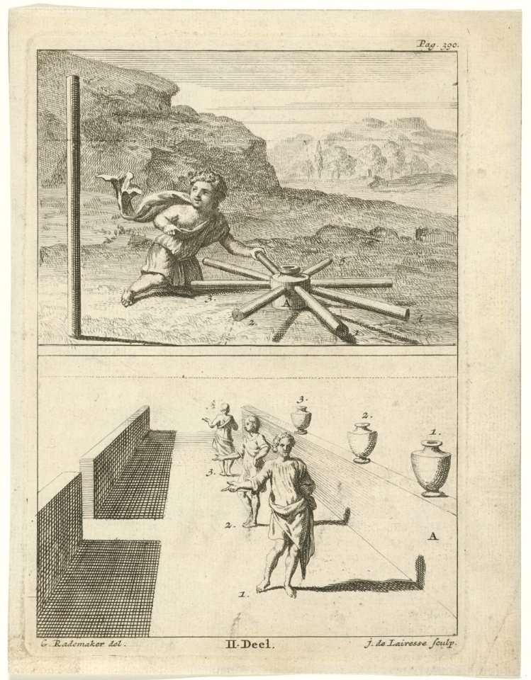Jongen geknield bij de spaken van een wiel en een perspectiefstudie, RP-P-1936-326