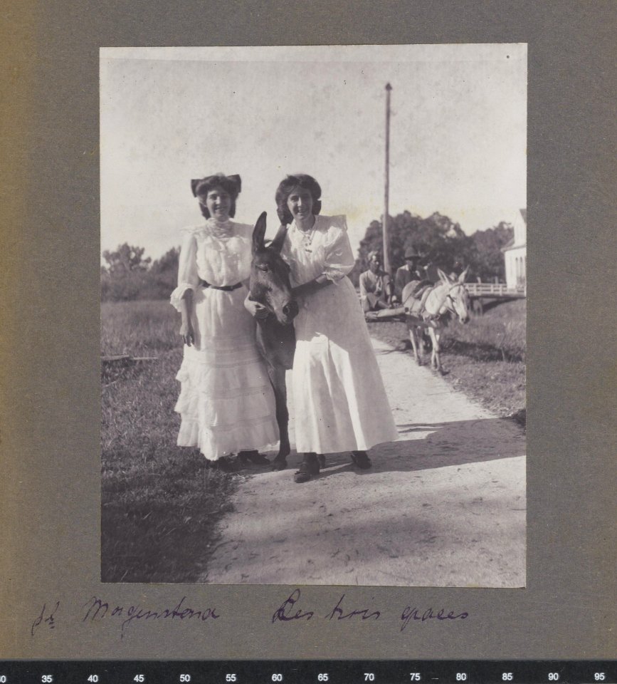 Maria Gonggrijp met vriendin en ezel Les trois graces (titel op object), NG-2009-128-6