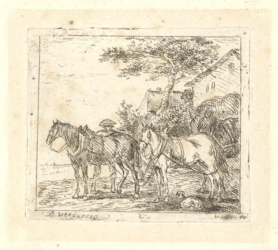 Man bij drie ingespannen paarden bij een huis Landschappen en paarden (serietitel), RP-P-2005-271