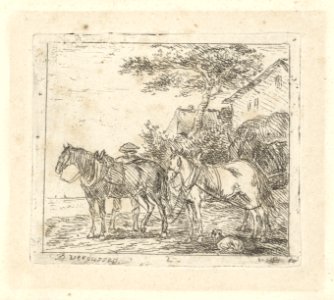 Man bij drie ingespannen paarden bij een huis Landschappen en paarden (serietitel), RP-P-2005-271
