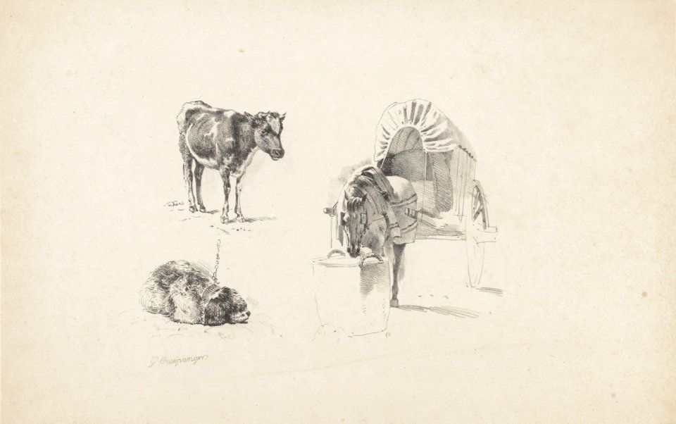 Een kalf, hond en paard met wagen Beesten Studien naar het Leven (serietitel), RP-P-OB-27.829