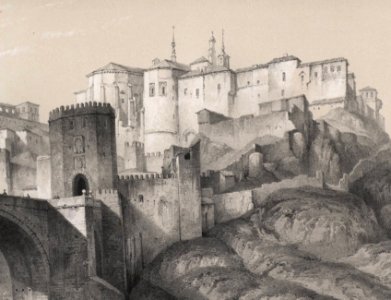 1842, España artística y monumental, vistas y descripción de los sitios y monumentos más notables de españa, vol. 1, Puente de Alcántara, Alcázar y Convento de la Concepción Francisca (cropped). Convento Concepción Francisca