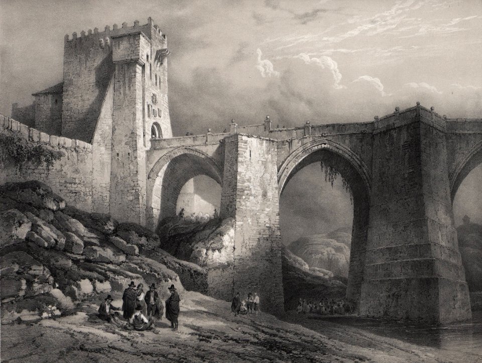1850, España artística y monumental, vistas y descripción de los sitios y monumentos más notables de españa, vol 3, Puente de San Martín en Toledo (cropped)