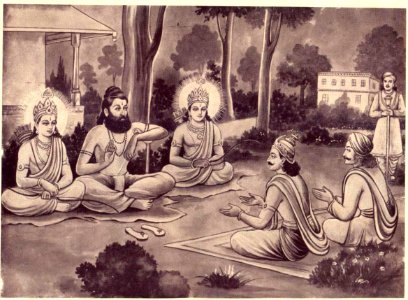 Rajarshi Janaka meets Viswamitra and rama laxmana. Free illustration for personal and commercial use.