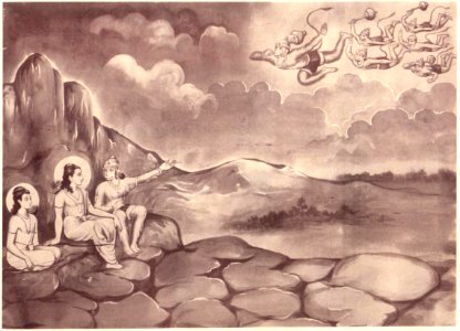 Sugriva showing Vanaras to Srirama. Free illustration for personal and commercial use.