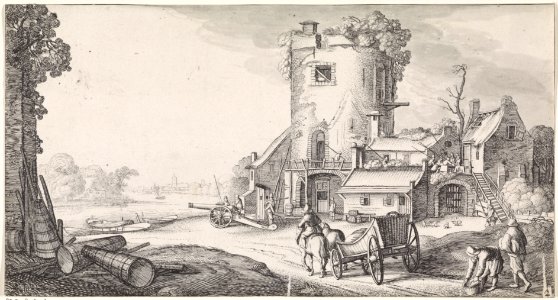 Soldaten bij een toren in een rivierlandschap Playsante lantschappen ende vermakelycke gesichten (serietitel), RP-P-1878-A-1707