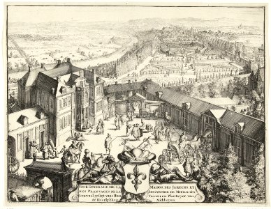 Prinsenhof in Kleef Generaal gesigt van t'Huis, Tuinen en Plantagien van de Heerlykheit Middagten. (titel op object) Veuë Generale de la Maison, des Jardins, et des Plantages de la Seigneurie de Middagten. (titel op ob, RP-P-1908-2470