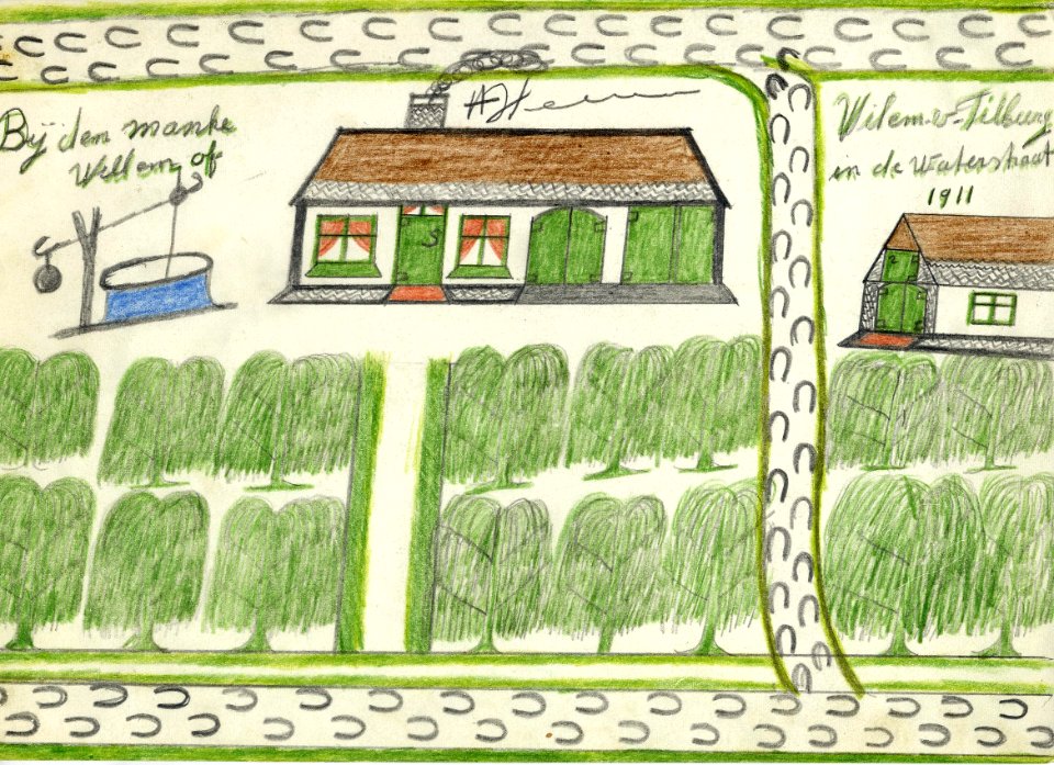 Tekening marinus vlemmix (12) bij de manke willem of willem v tilburg in de waterstraat 1911