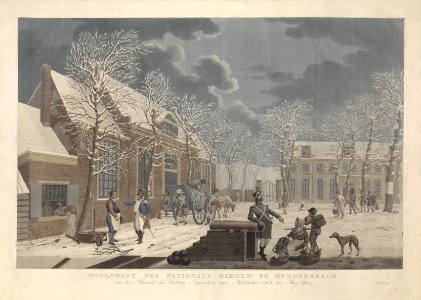 Sneeuwlandschap met soldaten in gesprek met burgers tijdens het beleg van Naarden Hoofdwagt der nationale garden te Muijderbergh voor het Blocade der vesting Naarden, van November 1813 tot Mey 1814 (titel op object), RP-P-1921-473