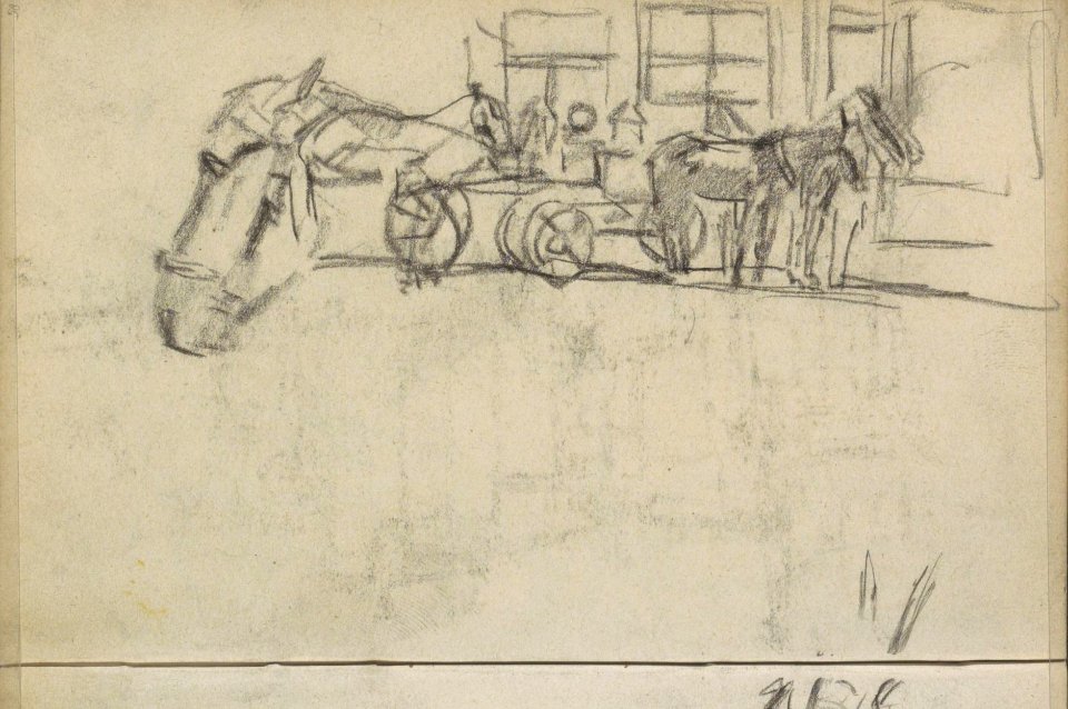 Paardenhoofd en een paard en wagen, mogelijk op de Dam in Amsterdam., RP-T-1924-78-58