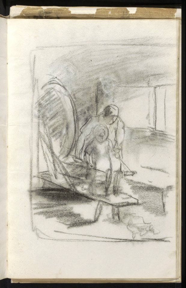 Vrouw en kind die garen spinnen op een spinnewiel, RP-T-1995-3-36(V)