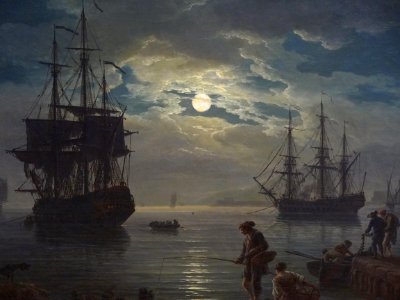 "La nuit ; un port de mer au clair de lune" (détail), Jose…. Free illustration for personal and commercial use.