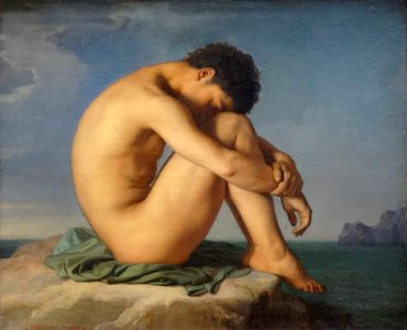 "Jeune homme nu assis au bord de la mer. Figure d'étude", …. Free illustration for personal and commercial use.