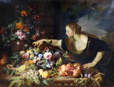 "Femme prenant des fruits", Abraham Brueghel, 1669. Musée …. Free illustration for personal and commercial use.