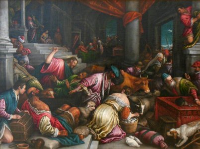 Jésus chassant les marchands du Temple. Atelier de Leandro…