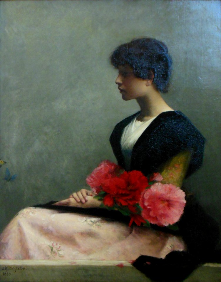 Jeune femme assise tenant des fleurs dans les bras, Alfred… - Free Stock  Illustrations