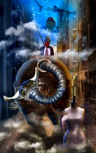 MAD ELEPHANT IN THE MAX ERNST GALAXY. Free illustration for personal and commercial use.