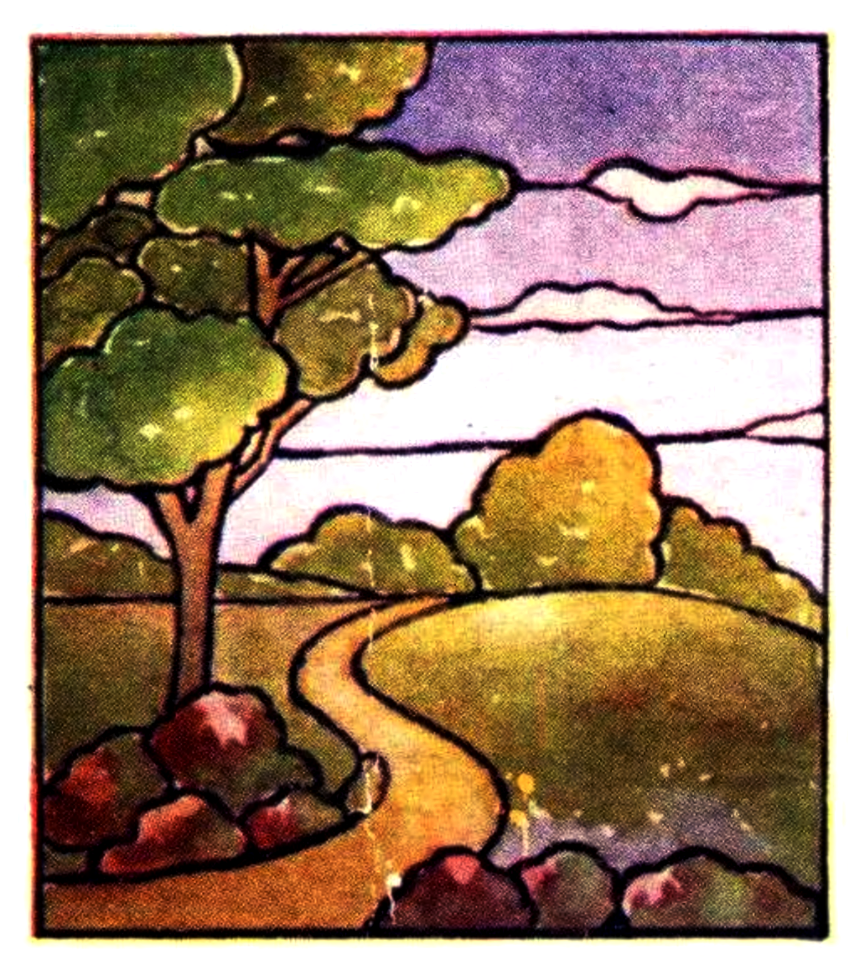 Stained glass tree road field. Free illustration for personal and commercial use.
