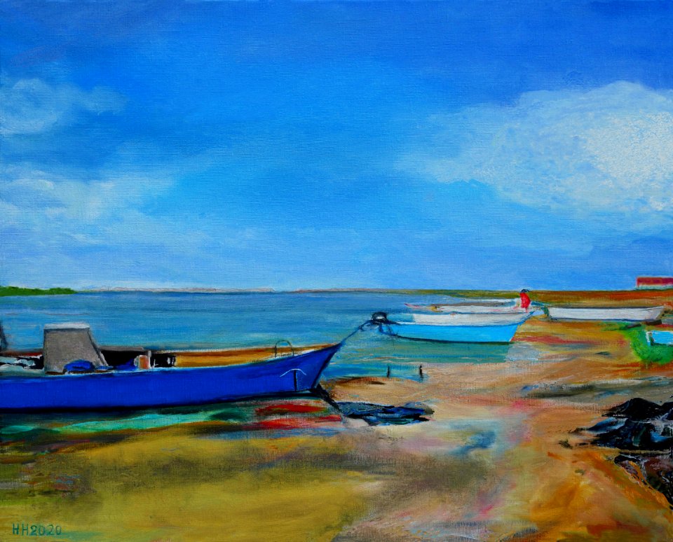 Near Collioure, view on swamps and fishing boats, oilpaint…