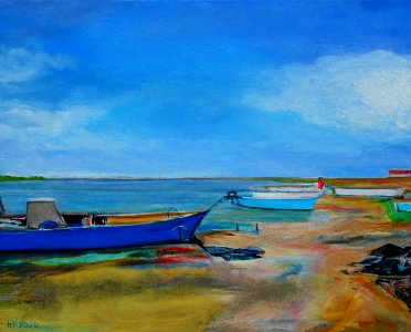 Near Collioure, view on swamps and fishing boats, oilpaint…. Free illustration for personal and commercial use.