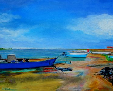 Near Collioure, view on swamps and fishing boats, oilpaint…