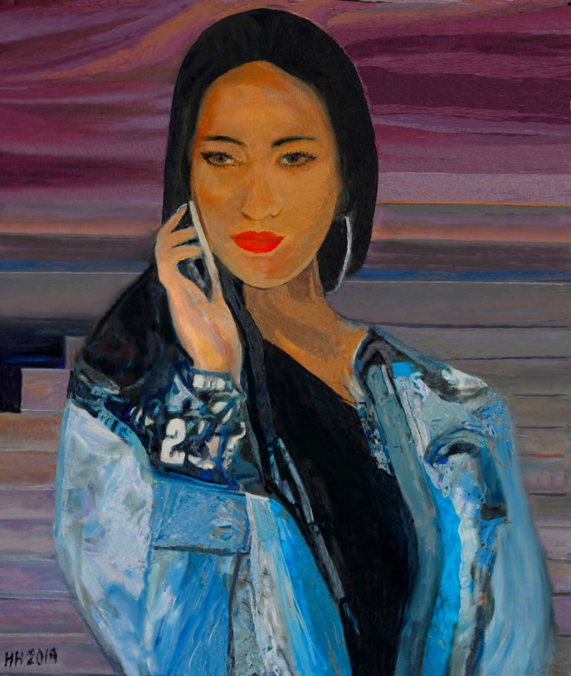 Young girl with cell phone- oil painting on Dutch canvas 6…
