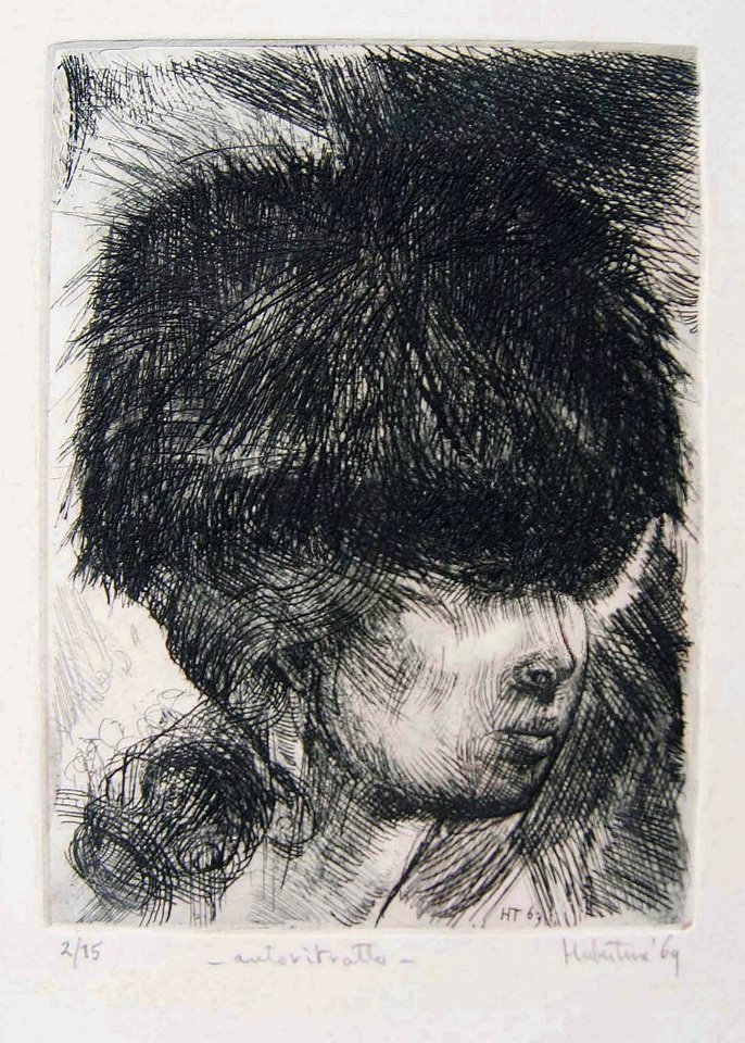 Selfportrait with fur hat - etching 12x16cm 1969