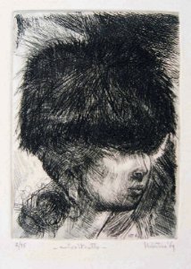 Selfportrait with fur hat - etching 12x16cm 1969