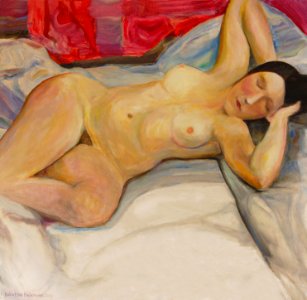 Young woman asleep on a bed - oilpainting on canvas 81x83c…