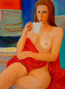 Young woman wrapped in a red towel - oil painting on canva…
