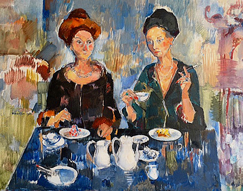Tearoom - oil painting on canvas 40x50 cm 1963. Free illustration for personal and commercial use.
