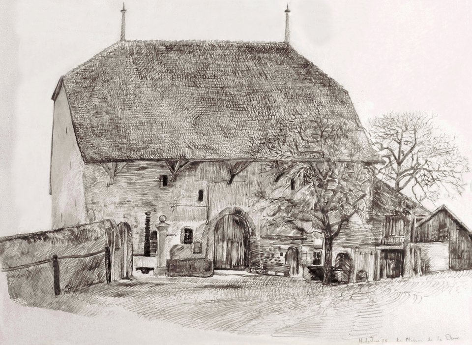 Pen drawing 42x57cm'75 of 'Maison de la Dime' at Aigle in …