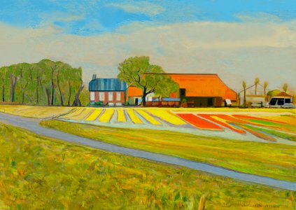 Dutch farm with flower fields - oil painting on canvas 52x…. Free illustration for personal and commercial use.