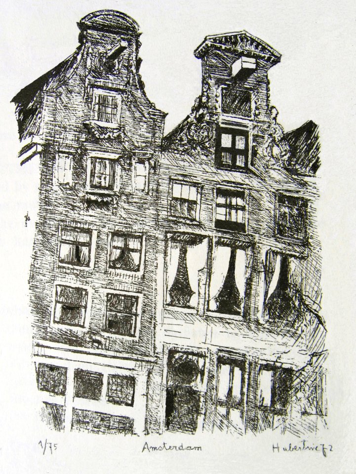 Amsterdam, two houses on a canal - etching printed by the …