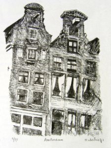 Amsterdam, two houses on a canal - etching printed by the …. Free illustration for personal and commercial use.