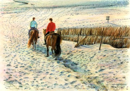 Horseback riders on the Dutch beach - watercolour on paper…. Free illustration for personal and commercial use.