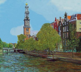 Prinsengracht canal and Westertower - oil painting on canv…. Free illustration for personal and commercial use.