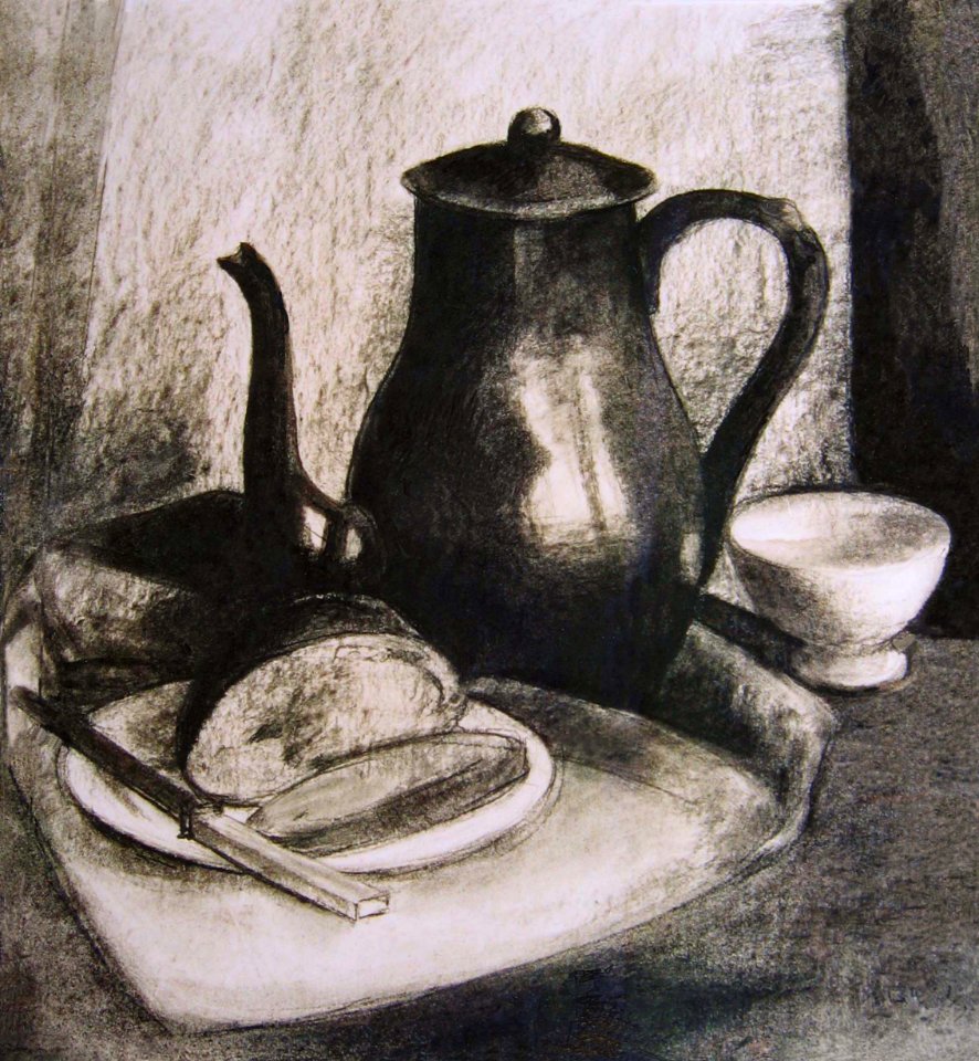 Still life with a coffee can and bread, drawn with charcoa…