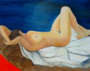 Young woman lying on a white sheet - oil painting on canva…. Free illustration for personal and commercial use.