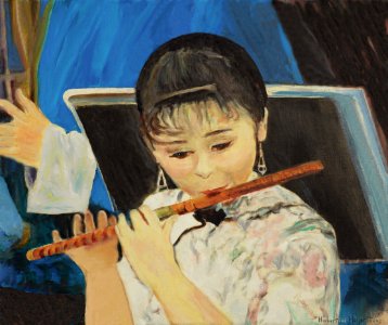 Playing the flute - oil painting on Flemish canvas 54x64cm…