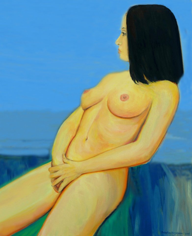 Young woman sitting In the sun - oil painting on canvas 93…. Free illustration for personal and commercial use.