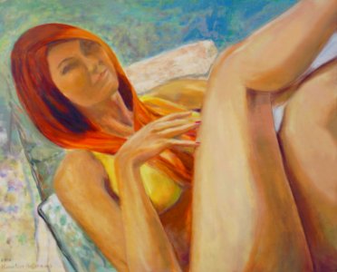 Girl stretched out on a couch - oil painting on canvas 65x…