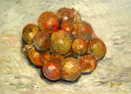 Onions in a red net - oil painting on Flemish canvas 28x35…. Free illustration for personal and commercial use.